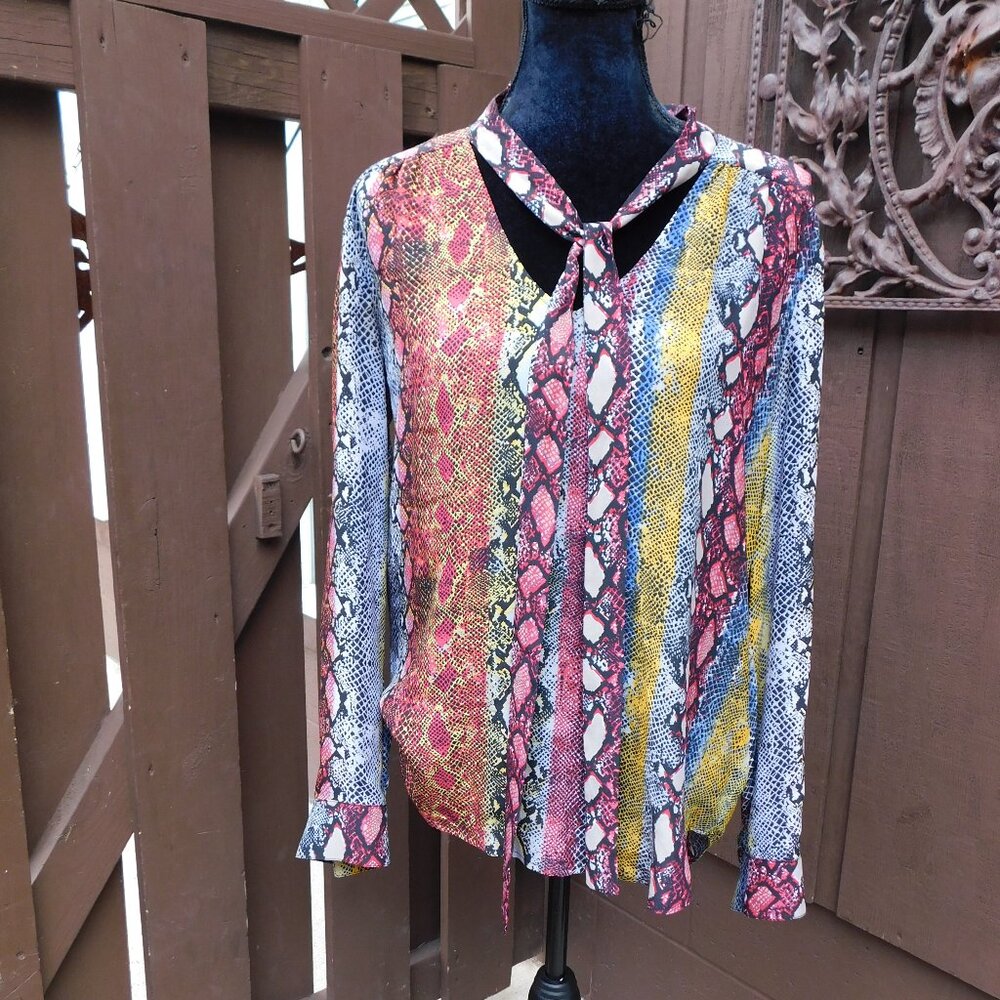 Ella Moss M Rainbow Snake Print Tie Neck Blouse NEW